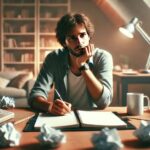 Autor am Schreibtisch mit Schreibblockade, nachdenklich vor leerem Notizbuch