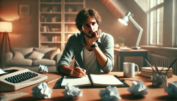 Schreibblockade überwinden – Tipps für kreative Freiheit Autor am Schreibtisch mit Schreibblockade, nachdenklich vor leerem Notizbuch