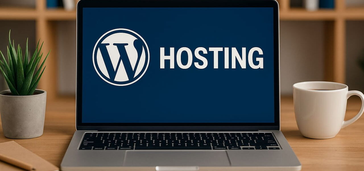 Laptop mit WordPress-Logo und dem Wort "Hosting" auf dem Bildschirm