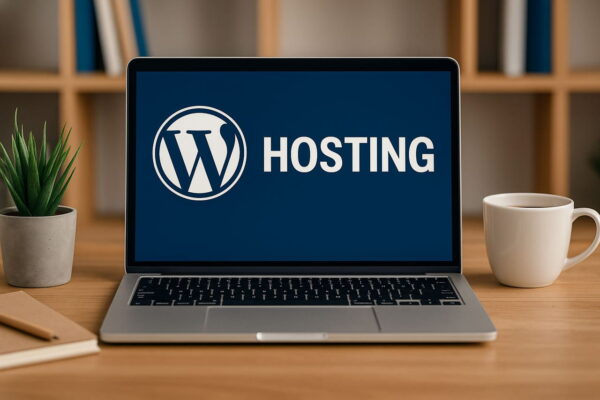 Was ist WordPress Hosting und warum ist es wichtig? Laptop mit WordPress-Logo und dem Wort "Hosting" auf dem Bildschirm