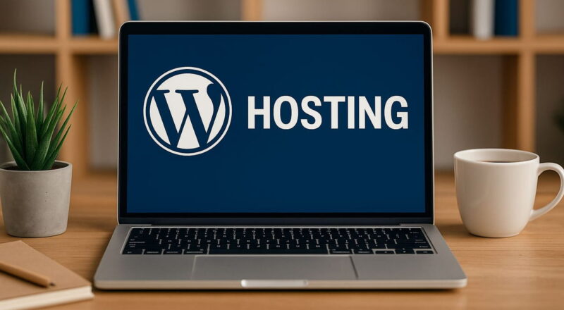 Laptop mit WordPress-Logo und dem Wort "Hosting" auf dem Bildschirm