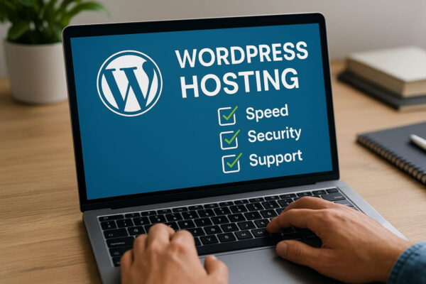 Die wichtigsten Kriterien für gutes WordPress Hosting Laptop zeigt WordPress Hosting mit Checkliste für Speed, Security und Support