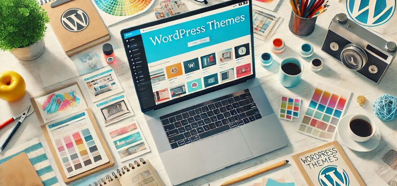 Vorschau von WordPress Themes auf einem Laptop, umgeben von Design-Tools.