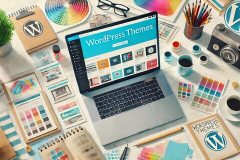 Vorschau von WordPress Themes auf einem Laptop, umgeben von Design-Tools.