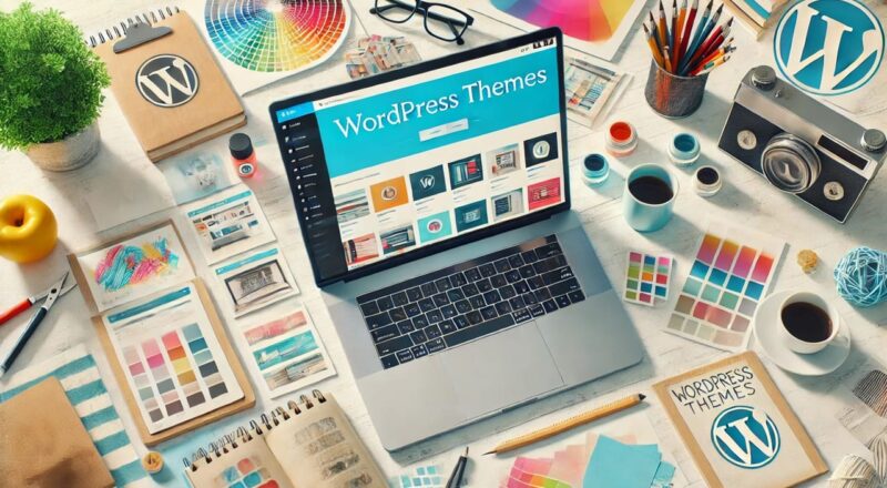 Vorschau von WordPress Themes auf einem Laptop, umgeben von Design-Tools.