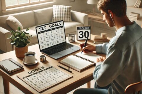 Person am Schreibtisch mit Laptop und Notizbuch, klare Ziele für den Blog setzen