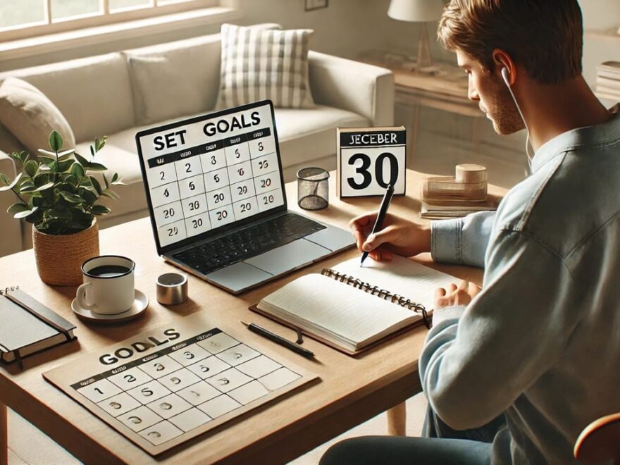 Person am Schreibtisch mit Laptop und Notizbuch, klare Ziele für den Blog setzen