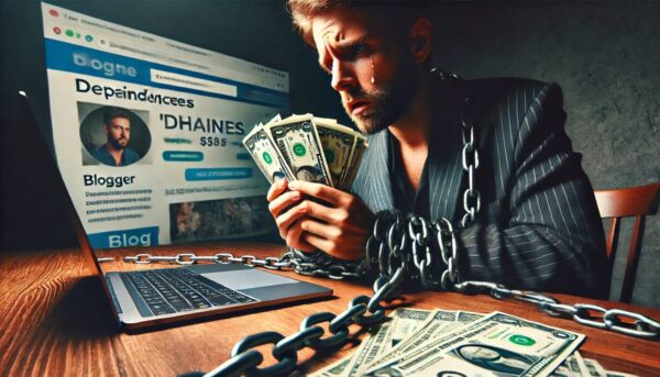 Monetarisierung und Abhängigkeiten: Die unsichtbaren Ketten Blogger mit Dollar und Kette in der Hand, symbolisiert Abhängigkeit durch Monetarisierung