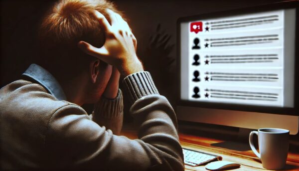 Selbstzweifel und Unsicherheit: Die Kehrseite des Feedbacks Nachdenklicher Blogger am Schreibtisch, symbolisiert Selbstzweifel durch öffentliches Feedback