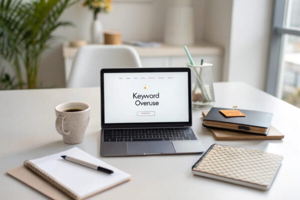 Laptop-Screen zeigt Keyword-Stuffing in einem Blogeditor mit wiederholten Schlüsselwörtern, modernes Arbeitsumfeld im Hintergrund.