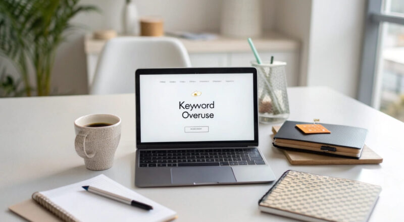 Laptop-Screen zeigt Keyword-Stuffing in einem Blogeditor mit wiederholten Schlüsselwörtern, modernes Arbeitsumfeld im Hintergrund.