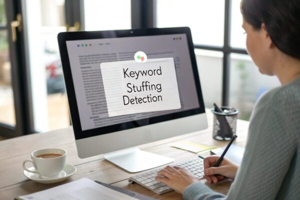 Computerbildschirm zeigt Keyword-Stuffing mit markierten Wiederholungen, Person analysiert den Text am Schreibtisch.