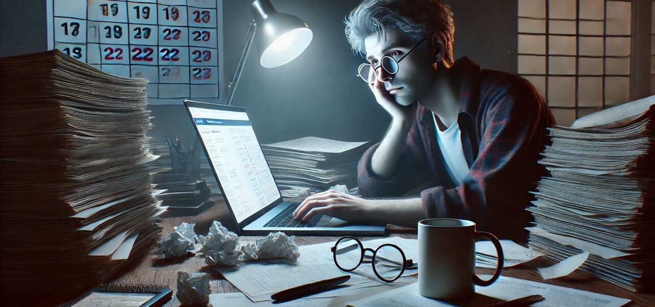 Müder Blogger am Schreibtisch bei Nachtarbeit, symbolisiert die Herausforderungen beim Geldverdienen mit Bloggen