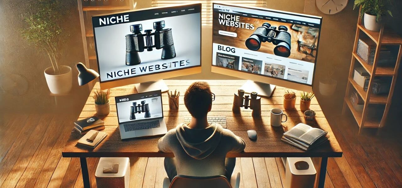 Vergleich von Nischenseiten und Blogs: Zwei Monitore mit unterschiedlichen Webseiten, moderner Arbeitsplatz mit Laptop und Notizen.