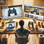 Vergleich von Nischenseiten und Blogs: Zwei Monitore mit unterschiedlichen Webseiten, moderner Arbeitsplatz mit Laptop und Notizen.