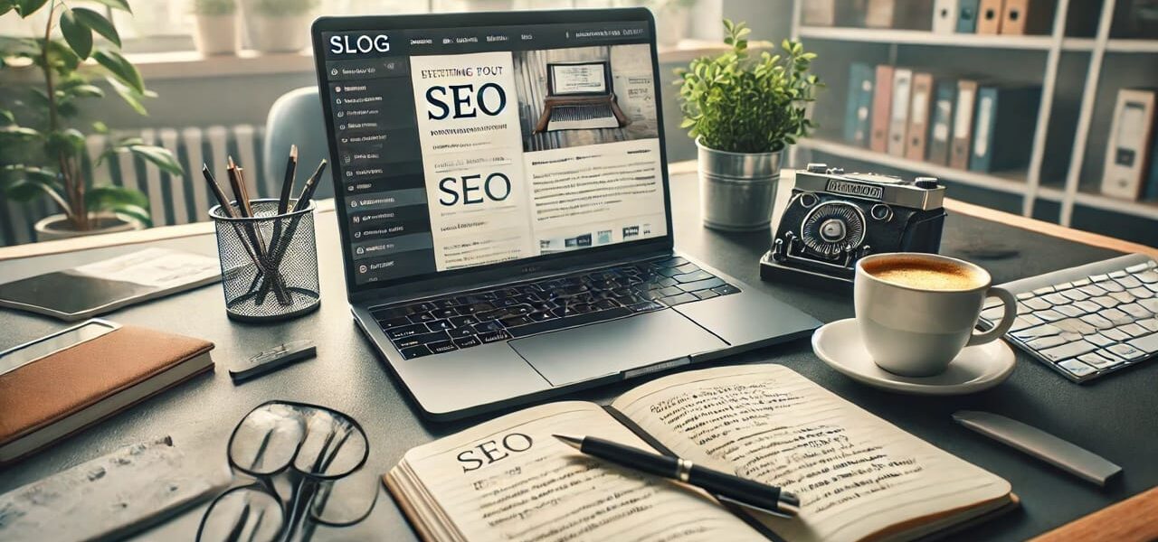 Moderner Arbeitsplatz mit Laptop, Notizbuch und Kaffeetasse, ideal für das Schreiben von SEO-freundlichen Blogartikeln.