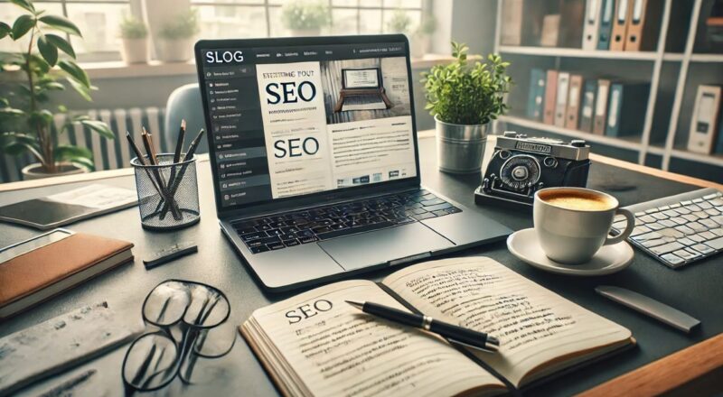 Moderner Arbeitsplatz mit Laptop, Notizbuch und Kaffeetasse, ideal für das Schreiben von SEO-freundlichen Blogartikeln.