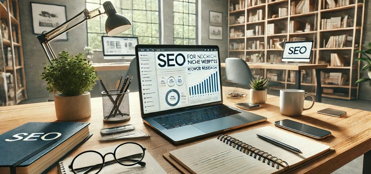 Person arbeitet an SEO für Nischenseiten auf Laptop in modernem Büro