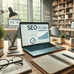 Person arbeitet an SEO für Nischenseiten auf Laptop in modernem Büro