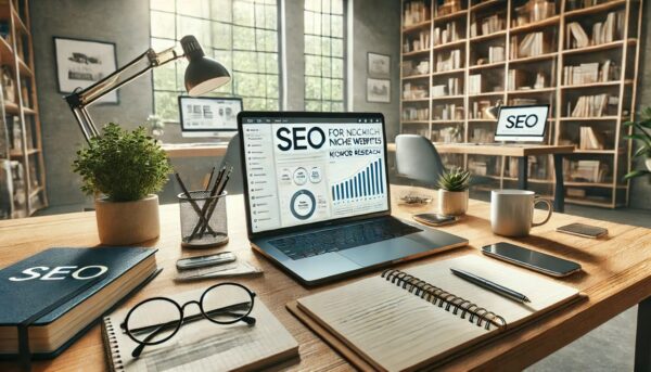 SEO für Nischenseiten – effektives Arbeiten im Home-Office Person arbeitet an SEO für Nischenseiten auf Laptop in modernem Büro
