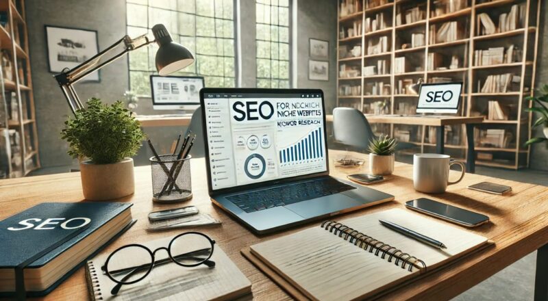 Person arbeitet an SEO für Nischenseiten auf Laptop in modernem Büro