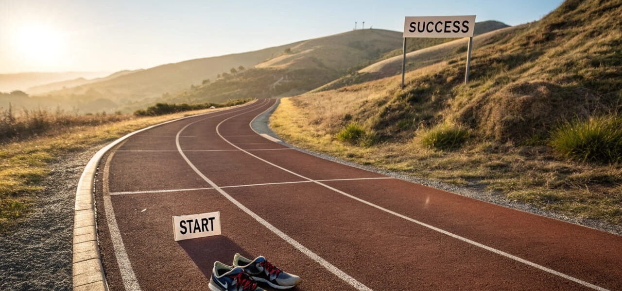 Symbolische Marathonstrecke mit Start- und Erfolgsmarkierungen als Metapher für SEO als langfristige Strategie.