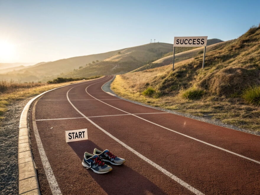 Symbolische Marathonstrecke mit Start- und Erfolgsmarkierungen als Metapher für SEO als langfristige Strategie.