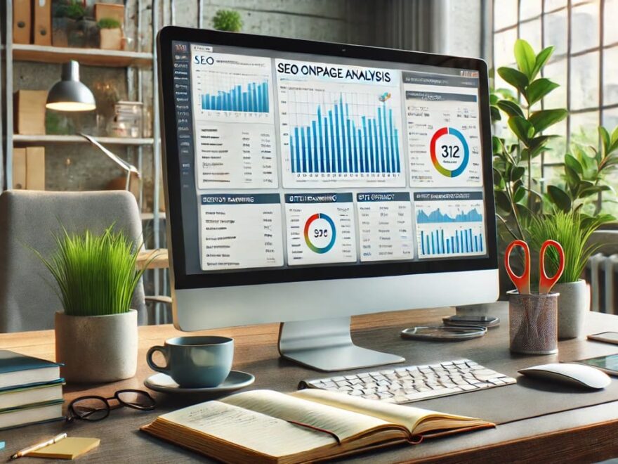 SEO Onpage Analyse Dashboard mit SEO-Daten und Grafiken auf einem modernen Arbeitsplatz