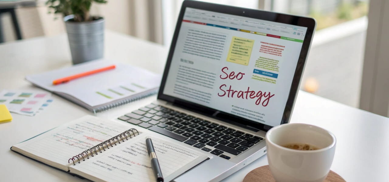 Laptop mit Blogartikel über SEO-Text, farblich hervorgehobene Keywords und handschriftliche Notizen zur SEO-Strategie auf einem Schreibtisch.