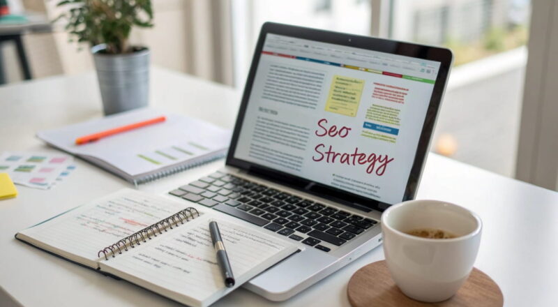 Laptop mit Blogartikel über SEO-Text, farblich hervorgehobene Keywords und handschriftliche Notizen zur SEO-Strategie auf einem Schreibtisch.