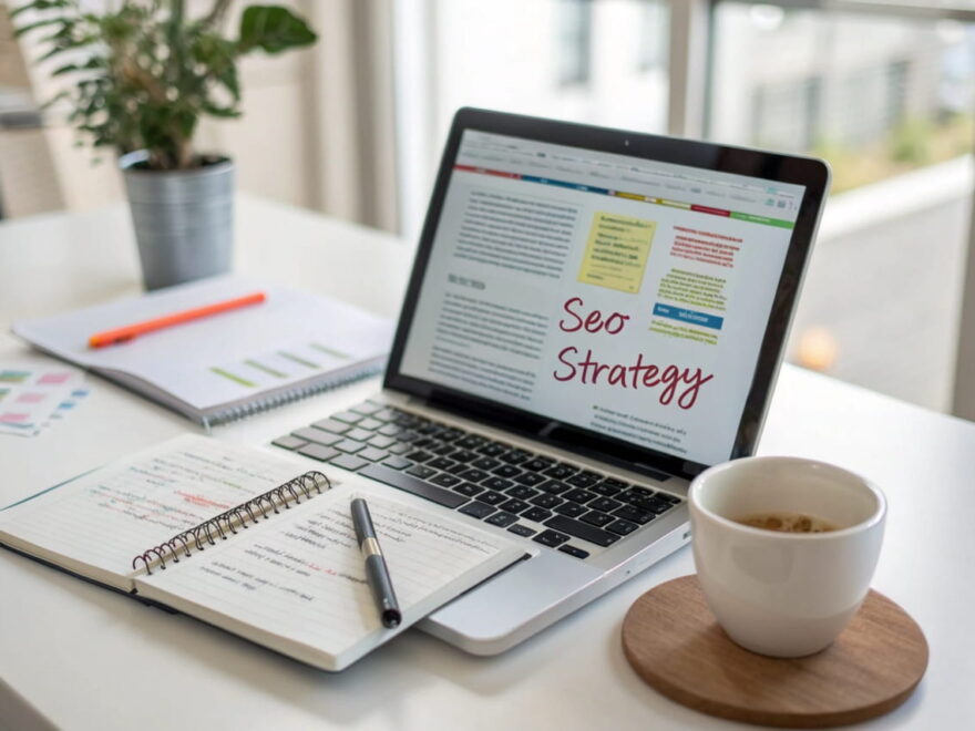 Laptop mit Blogartikel über SEO-Text, farblich hervorgehobene Keywords und handschriftliche Notizen zur SEO-Strategie auf einem Schreibtisch.