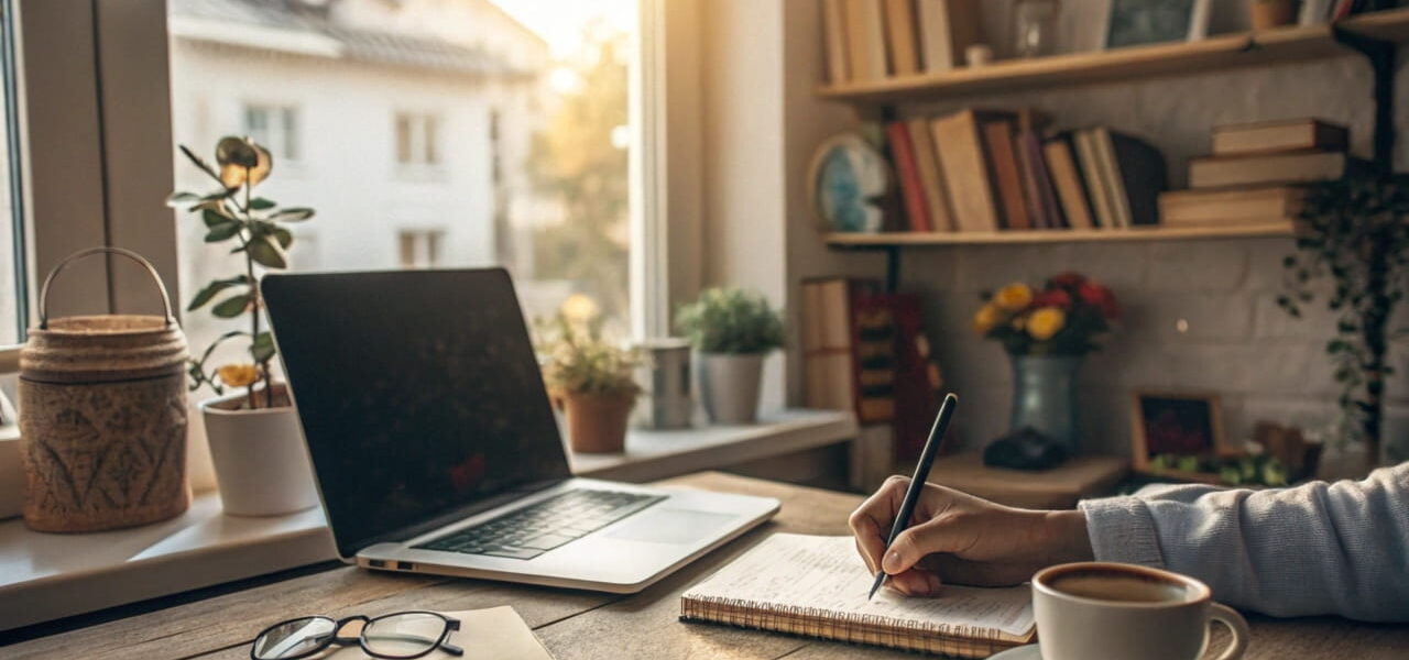 Blogger an einem gemütlichen Schreibtisch mit Laptop und Kaffee, Symbol für Authentizität und Kreativität im Blogging.
