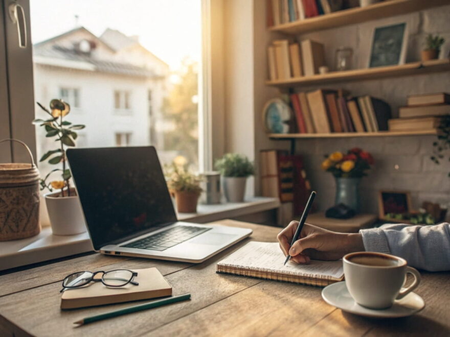 Blogger an einem gemütlichen Schreibtisch mit Laptop und Kaffee, Symbol für Authentizität und Kreativität im Blogging.