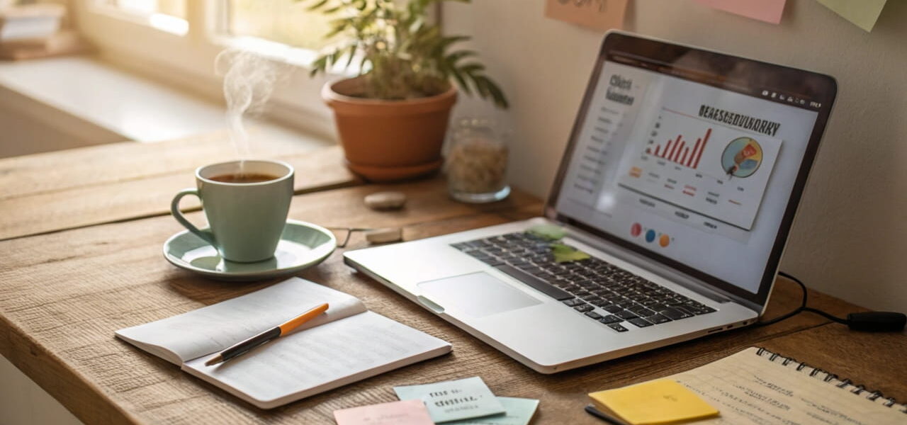 Cozy workspace with a laptop, notes, and a coffee cup, showcasing brainstorming ideas for finding new blog topics.