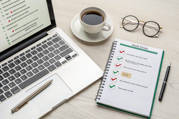 ChatGPT: Grenzen und Best Practices für den SEO-Einsatz Laptop mit ChatGPT-Antworten und Notizblock zu Grenzen und Best Practices.