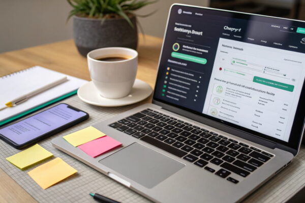 ChatGPT und Keyword-Analyse: Praktische SEO-Unterstützung Laptop mit Keyword-Analyse und ChatGPT-Interface, ideal für SEO-Aufgaben.