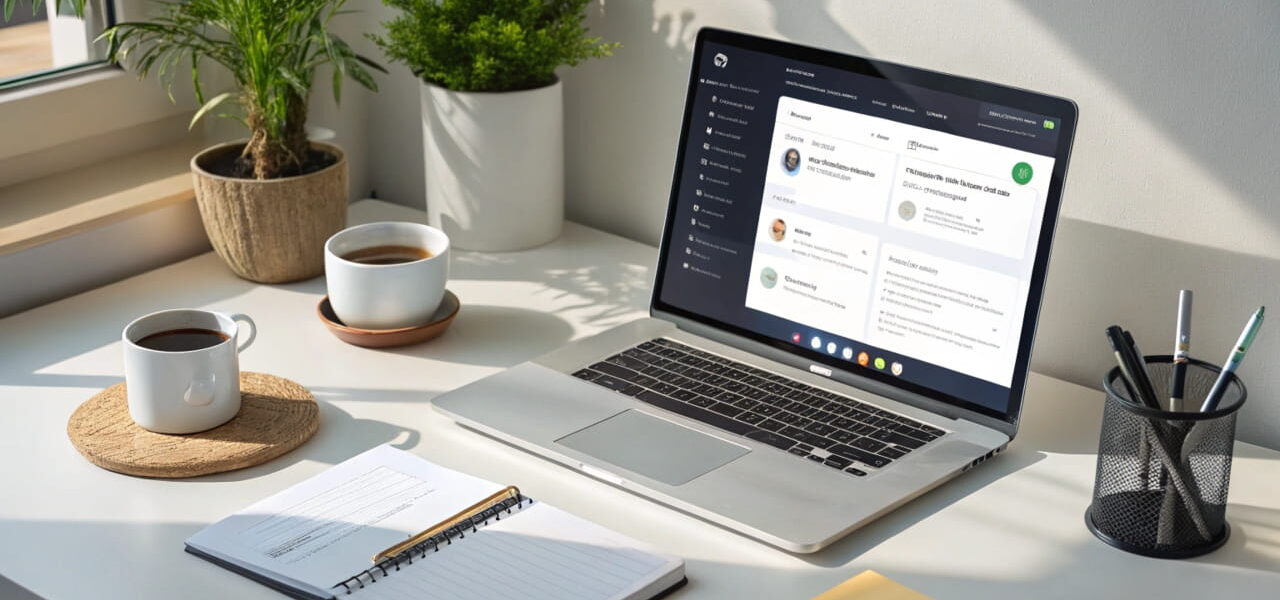 Schreibtisch mit Laptop, der ChatGPT zeigt, um SEO-Optimierung darzustellen.