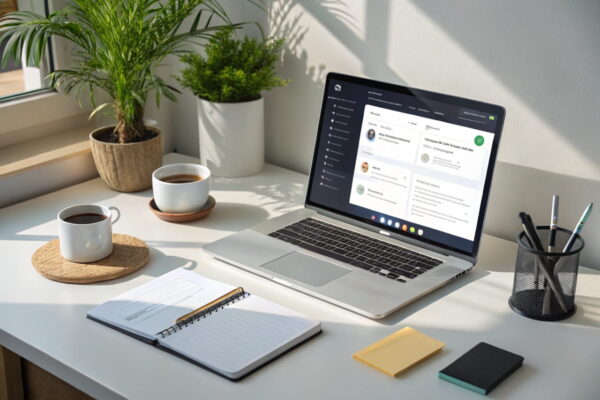 ChatGPT: Dein Werkzeug für erfolgreiche SEO-Optimierung Schreibtisch mit Laptop, der ChatGPT zeigt, um SEO-Optimierung darzustellen.