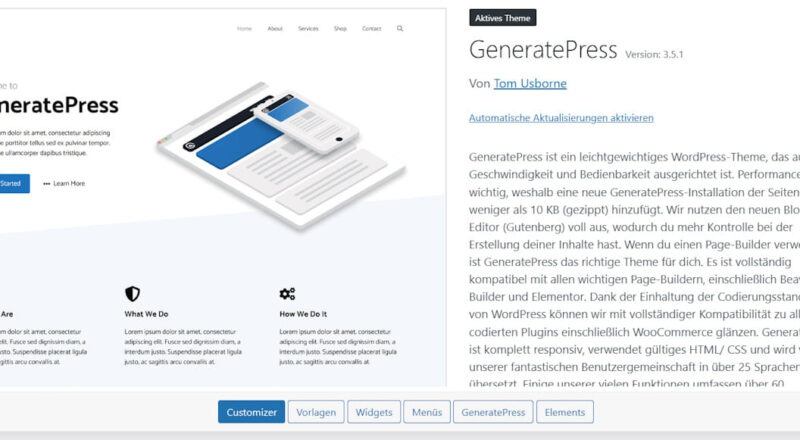 Screenshot des WordPress-Themes GeneratePress: leichtgewichtig, flexibel und kompatibel mit Page-Buildern wie Elementor und Beaver Builder.