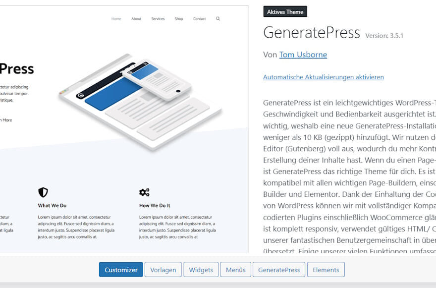 Screenshot des WordPress-Themes GeneratePress: leichtgewichtig, flexibel und kompatibel mit Page-Buildern wie Elementor und Beaver Builder.