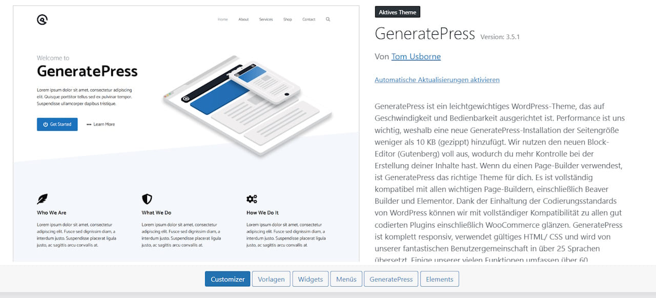 Screenshot des WordPress-Themes GeneratePress: leichtgewichtig, flexibel und kompatibel mit Page-Buildern wie Elementor und Beaver Builder.
