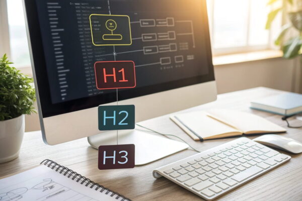 Technische Aspekte: HTML-Struktur und Überschriften-Hierarchie für SEO HTML-Code mit H1-, H2- und H3-Tags, hervorgehoben zur Darstellung der Überschriften-Hierarchie, moderner Arbeitsplatz für technisches SEO.