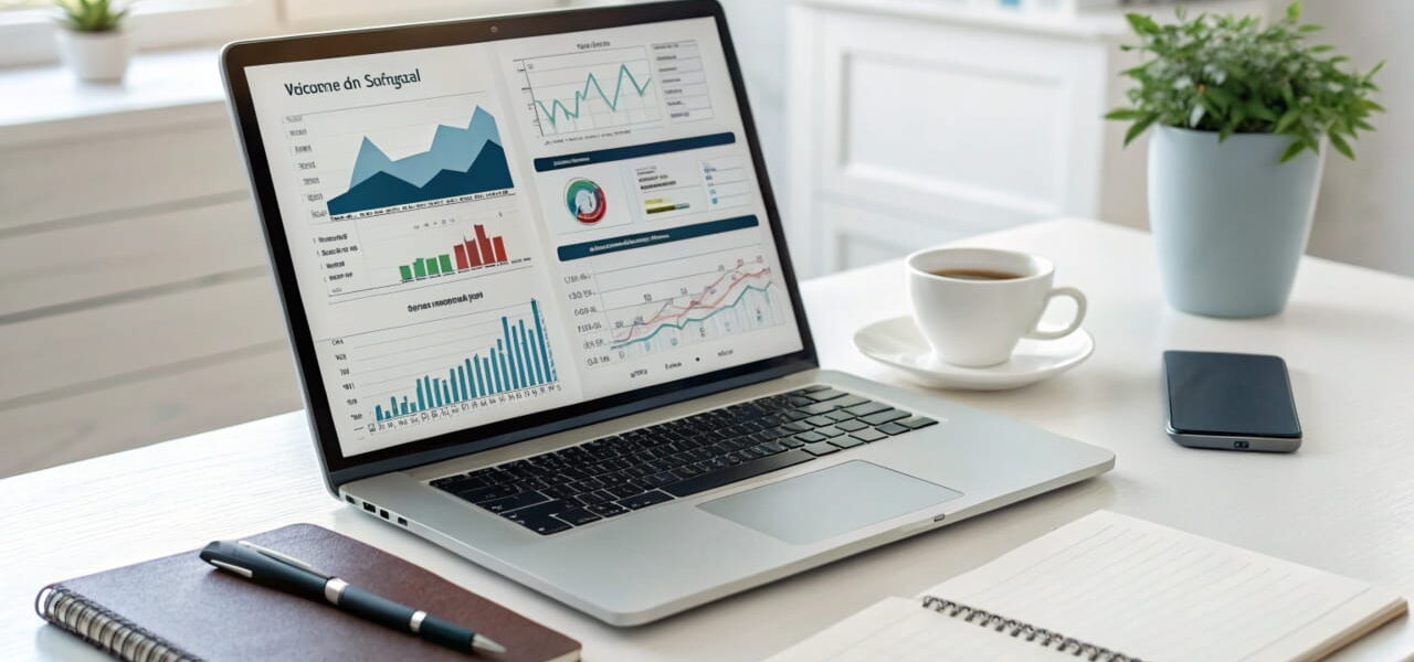Laptop mit Keyword-Analyse-Tool, Diagrammen und Grafiken auf einem modernen Schreibtisch, Symbol für SEO-Strategie und Content-Optimierung.