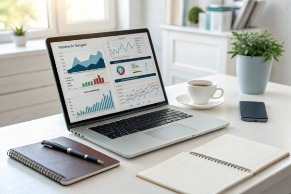 Keyword-Gap-Analyse: SEO-Strategie in Aktion Laptop mit Keyword-Analyse-Tool, Diagrammen und Grafiken auf einem modernen Schreibtisch, Symbol für SEO-Strategie und Content-Optimierung.