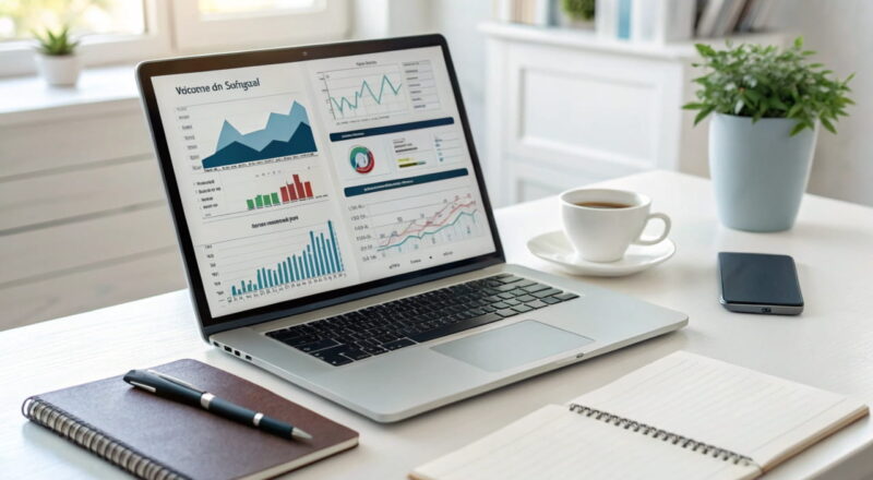 Laptop mit Keyword-Analyse-Tool, Diagrammen und Grafiken auf einem modernen Schreibtisch, Symbol für SEO-Strategie und Content-Optimierung.