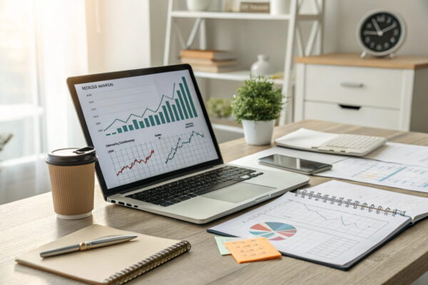 Laptop mit Diagramm für wachsenden Website-Traffic, umgeben von Dokumenten und Notizen, Symbol für langfristige Vorteile der Keyword Gap Analyse. Laptop mit Diagramm für wachsenden Website-Traffic, umgeben von Dokumenten und Notizen, Symbol für langfristige Vorteile der Keyword Gap Analyse.