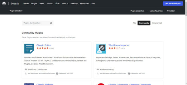 WordPress Plugin-Verzeichnis: Übersicht der Community-Plugins Screenshot des WordPress Plugin-Verzeichnisses mit Community-Plugins wie Classic Editor und WordPress Importer.