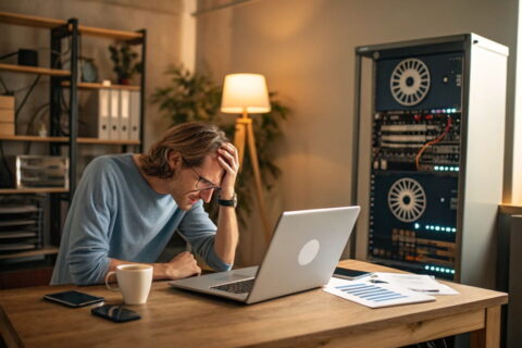 Frustrierter Nutzer an einem Schreibtisch mit langsam ladender Webseite auf dem Laptop und veralteter Server-Infrastruktur im Hintergrund.