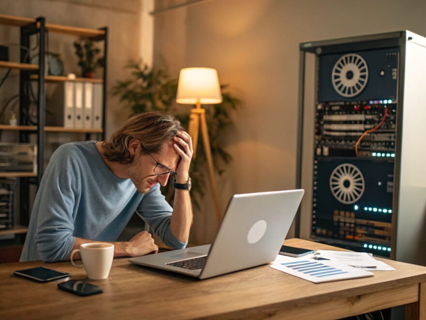 Frustrierter Nutzer an einem Schreibtisch mit langsam ladender Webseite auf dem Laptop und veralteter Server-Infrastruktur im Hintergrund.