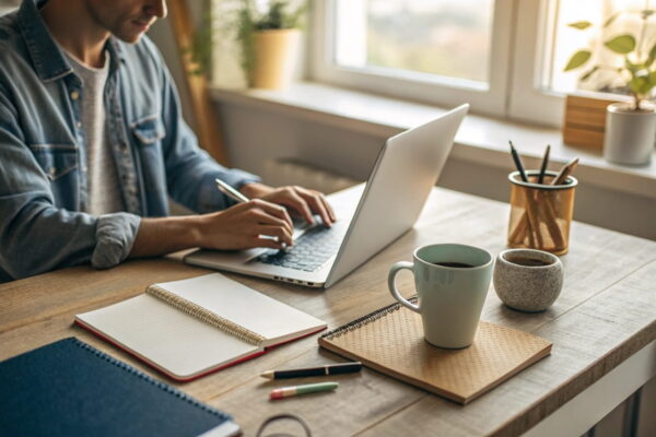 Qualität statt Perfektion: Fokus und Produktivität im Homeoffice Person in einem gemütlichen Homeoffice, die produktiv an einem Laptop arbeitet – Symbol für Qualität statt Perfektion im Arbeitsprozess.